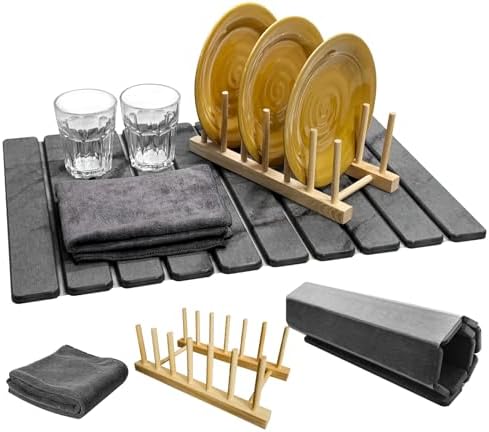 Large Stone Dish Drying Mat for Kitchen Counter, Collapsible Marbled Quick-Dry Diatomaceous Earth Mat with Dish Rack and Towel, Versatile Drying Mats for Kitchen Utensils (Dark Gray 23.6"×15.4")