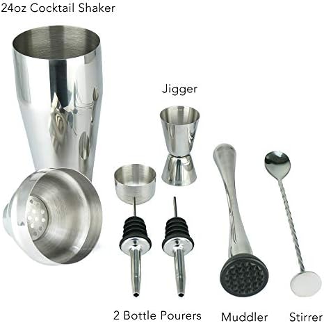 Professional Bartender Kit - 6PC Premium Cocktail Stainless Steel Shaker Set - 24oz Martini Shaker Gloss Finish, with Muddler, Stirring Spoon, 2X Wine Pourer, and Double Jigger