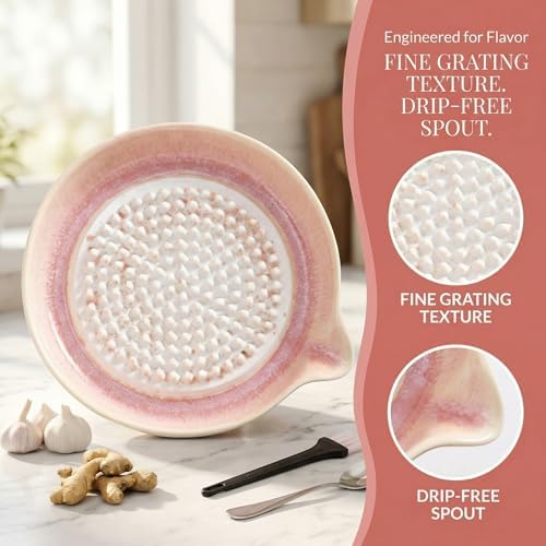Gradient Ceramic Grater Plate – Handcrafted Multifunctional Grater for Ginger, Garlic，Cheese, Chocolate, Fruits & Vegetables – Unique Kiln-Fired Glaze, Easy-Pour Spout Includes Cleaning Brush (Green)