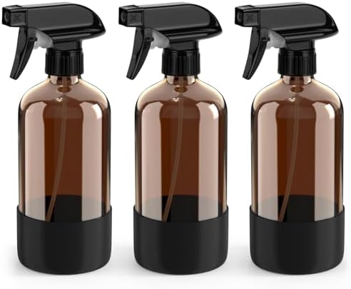 Bontip Amber Glass Spray Bottle, 16 oz with Black Silicone Sleeve, 3 Pack by BONTIP