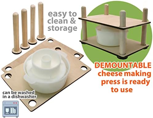 Wooden Cheese Press for Cheese Making Supplies 12 in Wooden Guides and Cheese Mold with Follower Piston 1.3 Qt - Small Home Supply Ultimate Cheese Press Machine - Prensa Para Queso Casero