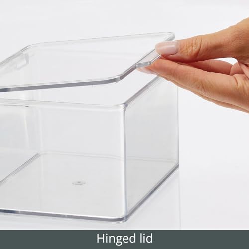 Plastic Kitchen Pantry and Fridge Storage Organizer Box Containers with Hinged Lid for Shelves or Cabinets, Holds Food, Snacks, Canned Drinks, Seasoning, Condiments, or Utensils, 2 Pack, Clear