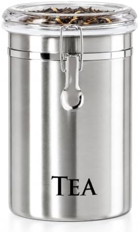 Oggi Stainless Steel Tea Canister 62 fl oz - Airtight Clamp Lid, Clear See-Thru Top - Ideal for Tea Bag, Loose Tea, Kitchen Storage, Pantry Storage. Large Size 5" x 7.5".