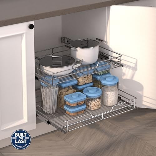 2-Tier Pull Out Cabinet Organizer, 26" W x 22" D, Chrome