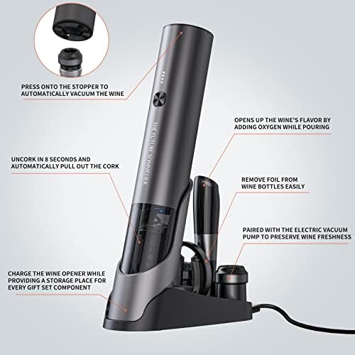 Rechargeable Electric Wine Bottle Opener Set 7-in-1 Aluminum Alloy Wine Gift Set with 2-in-1 Electric Corkscrew & Vacuum Pump, Foil Cutter, Wine Pourer, Charging Base and 2 Wine Stoppers