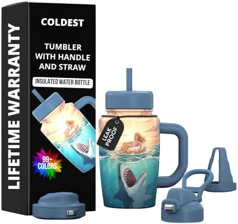 Coldest Tumbler with Handle & Coffee Lid - 100% Spill Proof Tumbler (3 Lids) - Stainless Steel Insulated Leakproof Tumblers for Women & Men - Cup Holder Friendly - 15 oz (Shark Tankathon) by Coldest