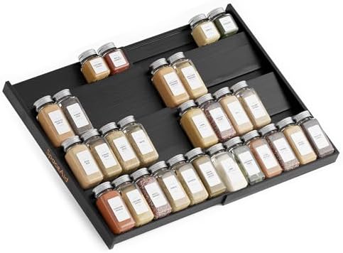 Bamboo Black Spice Drawer Organizer, (Need 3" Deep Drawer) Expandable 4 Tier Spices Rack for Cabinet, Kitchen Seasoning Storage Insert (Jars Not Included, From 12" to 23" Wide)