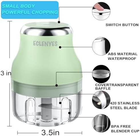 Vegetable Chopper, 100ML Electric Garlic Chopper, Rechargeable Mini Blender, Powerful Small Food Processor, Blender to Vegetable, Wireless Food Cutter for Ginger, Chili, Fruit, Meat, etc（Green） - Image 3