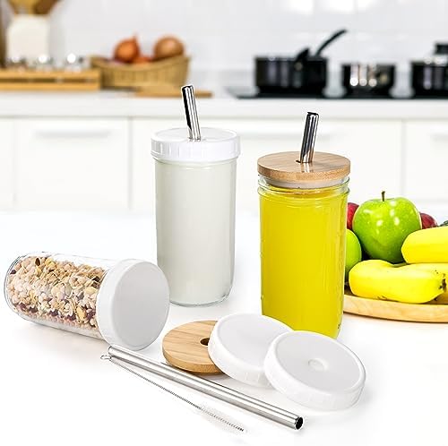 6 Pack Glass Cups with Lids and Straws, 24 oz Mason Jar Smoothie Cup Aesthetic Cute Glass Tumbler Coffee Beer Can Cups Boba Cup for Bubble Tea, Juice, Gift