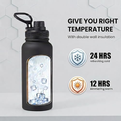 Black 32 oz Insulated Metal Stainless Steel Water Bottle 2 Lids