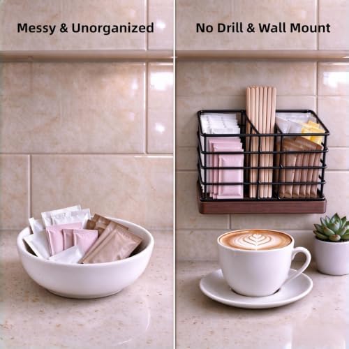 No-Drill Wall Mount Metal Sugar Packet Holder for Coffee Bar, Black