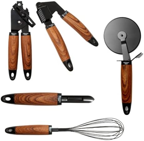 5 Piece Kitchen Gadget Set | Pizza Cutter, Egg Whisk, Vegetable Peeler, Can Opener, Garlic Press | Stainless Steel | With Soft Touch Faux Wood Handle | 5 Pcs Cooking Utensil Set (Black)