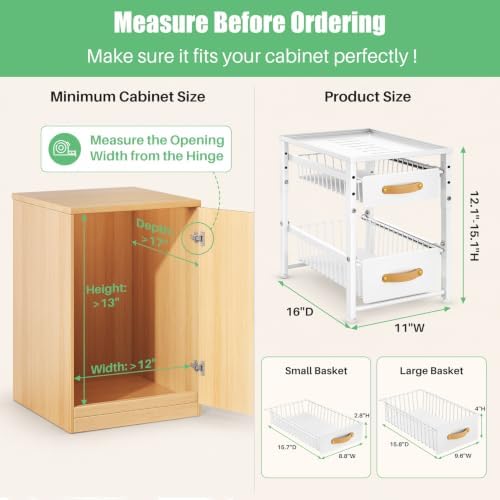 2 Tier Pull Out Cabinet Organizers, Stackable Slide out Drawers, with Sliding Storage Drawer for Kitchen and Bathroom Cabinet Storage, Under Sink or Pantry Organization, White