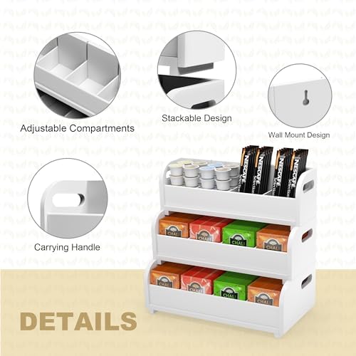 3-Tier Bamboo Tea Box Rack with Removable Dividers, Wall Mount Large Capacity for Pantry Drawer Cabinet Kitchen Office Coffee StationTea Bag Organizer, Stackable Tea Holder for Countertop, White