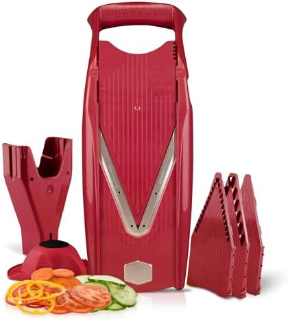 Swissmar Börner VPower V-Slicer Mandoline – Professional Kitchen Tool with Adjustable Thickness – Precision Food Slicer for Vegetables, Julienne & Shredding – Includes Safety Holder & Inserts - Red by B%C3%B6rner