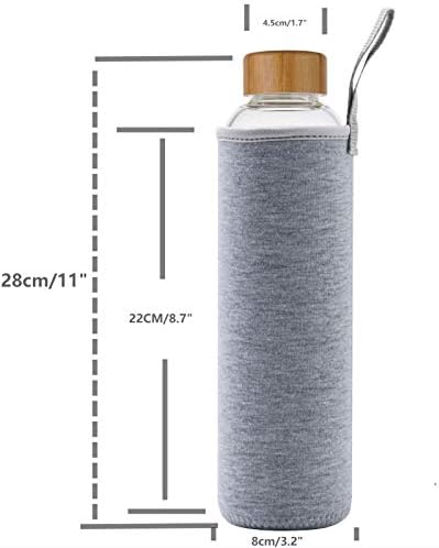 32 oz Glass Water Bottle with Time Marker Bamboo Lid Neoprene Sleeve for to Go Travel Gym Home Reusable Eco Friendly Bpa Free (Gray)