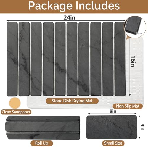 Large Stone Dish Drying Mat for Kitchen Counter, Quick Dry Stone Dish/Bath Mat, Foldable Water Absorbing Diatomaceous Earth Mat, Kitchen Bathroom Organizer Decor Gifts for Women (Dark Gray 24"×16")