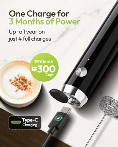 LunaFro Rechargeable Milk Frother, Stand & 2 Detachable Whisk