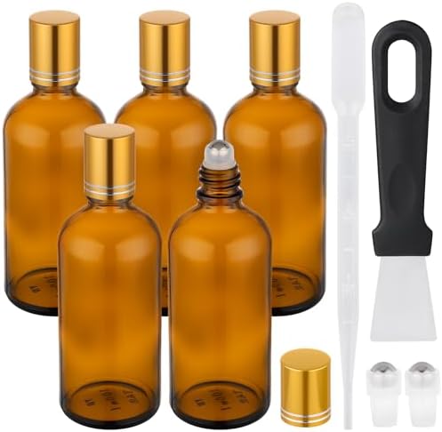 Segbeauty 3.4oz Thick Amber Glass Roller Bottles for Oils, 5pcs Large Empty Roll On Bottles for Perfume Massage Castor Essential Oil, 100ml Refillable Eye Essence Roller Ball Applicator with Dropper by Segbeauty
