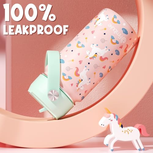 Kids Insulated Water Bottle, 14oz BPA FREE Double Wall Vacuum Tumbler 18/8 Stainless Steel Leak Proof Kids Cups with Straw Metal Bottle for School Boy Girl (2 Pack, UNICORN/WHITE DINOSAUR)
