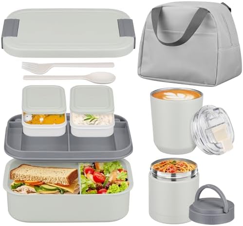 Large Bento Lunch Box Set for Adults Kids Women with 10.5oz Soup Thermo,Coffee Tumblers Men Girls Boys Teenagers Leak-Proof Lunch Food Containers with Lunch Bag
