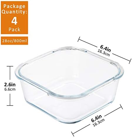 Square Glass Containers with Lids for Food Storage, 28 oz, 4 Pack