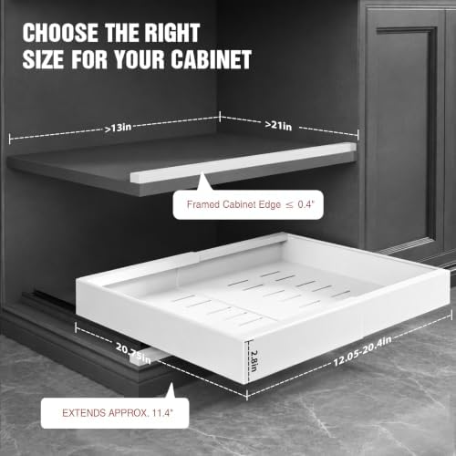 4 Pack Expandable Pull Out Cabinet Organizer 21"Deep With Raising Pad for Framed Cabinets,Upgrade 3 Slide Rails Slide Out Drawers,No Drill Roll Out Shelves,Adjustable Width 12.1"-20.4" White