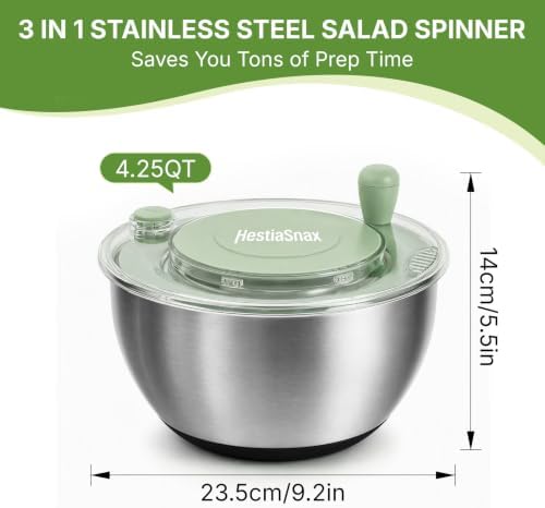 Stainless Steel Salad Spinner 4.25qt, One‑touch Stop Button & Non‑slip Base, Vegetable Dryer Bowl with 5‑blade Slicer & Egg Yolk Strainer for Kitchen Party Use - Image 2