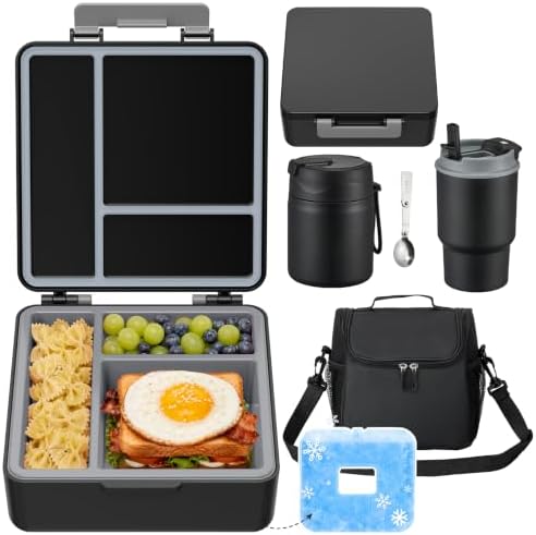 Lunch Box Set with Bento Box Container, 17OZ Stainless Steel Food Soup Thermo, Kids Water Bottle & Portable Insulated Lunch Bag – Leakproof, Hot/Cold Retention for School, Travel (Black)