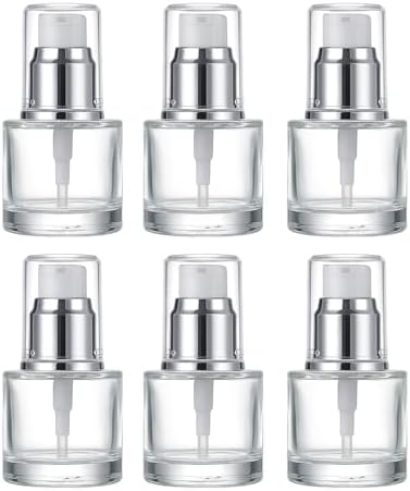6Packs 20ml Clear Glass Lotion Pump Bottles Refillable Travel Cosmetic Containers with Silver Pump and Clear Cap Mini Empty Dispenser Jars for Serum, Essence, Toner, Skincare, Essential Oils (Silver) by Unknown