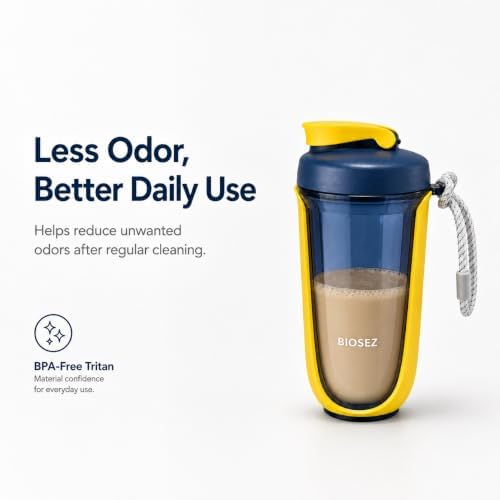 Protein Shaker Bottle, 20 oz BPA-Free Tritan Supplement Shaker Cup with 304 Stainless Steel Mixing Ball, Measurement Markings, Easy Clean, Dishwasher Safe, Yellow