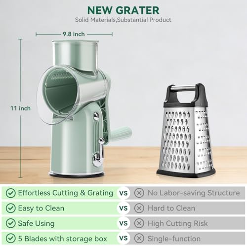Rotary Cheese Grater 5 in 1 Green - Hand Crank Vegetable Cutter, Shredder, Slicer, Enlarge Input, Suction Base, Labor-Saving Handle, Blade Storage Box, for Onion, Potato, Vegetable, Nuts, etc