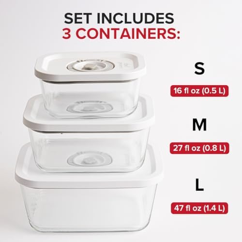 Glass Vacuum Seal Containers for Food Storage, Made For Compact Vacuum Sealer, 3pcs set [1x Small, 1x Medium, 1x Large] Works With Handheld Vacuum Sealer Machine