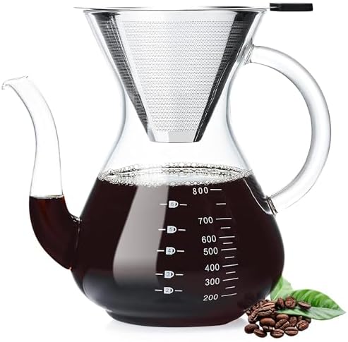 Pour Over Coffee Maker with Double Stainless Filter 27 fl oz, Thickened Heat-Resistant Borosilicate Glass Pour Over Coffee Dripper, Stovetop Safe