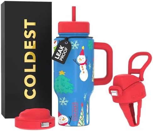 Coldest Tumbler with Handle & Coffee Lid - 100% Spill Proof Tumbler (3 Lids) - Stainless Steel Insulated Leakproof Tumblers for Women & Men - Cup Holder Friendly - 24 oz (Mr. Snowie) by Coldest