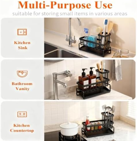 Stainless Steel Sink Caddy Sponge Holder for Kitchen Sink, Countertop Organization Storage with Movable High Brush Holder, Soap Dispenser Set Tray Counter Storage Rack, Home Decor Accessories
