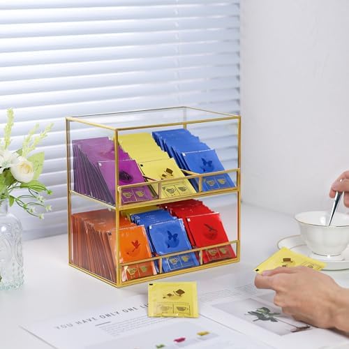 Glass Tea Bag Organizer for Counter, 2-Tier Teabag Organizer Storage Holder for Tea Bags, Glass Caddy Box Containers, Rack Teabag Station Stand for Cabinet Kitchen, 2-Tier, Gold