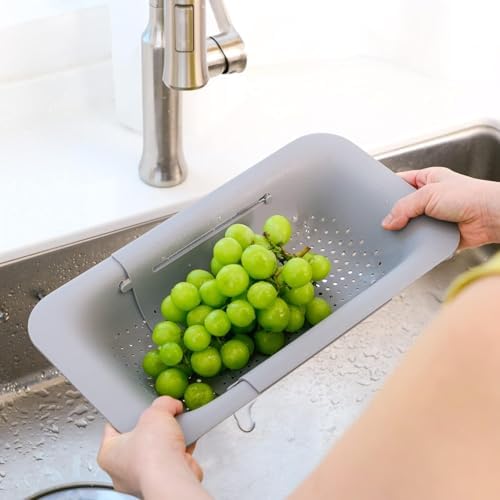 Over Sink Colander, Extendable Kitchen Strainer, Grey