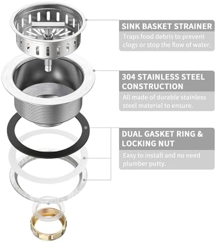 Kitchen Sink Drain Sink Strainer 3-1/2 Inch Drain Assembly Kit Replacement for Universal 3.5 Inch Kitchen Sink, All Stainless Steel Body with Strainer Basket and Drain Stopper (9171，Stainless)