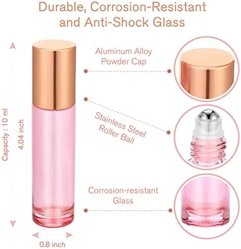 PrettyCare 12 Pack, 10 ml Essential Oil Roller Bottles with Stainless Steel Roller Ball - Refillable Leak-proof Empty Thick Pink Glass Roll on Bottles with Metal Caps for Travel, Perfume - Image 3