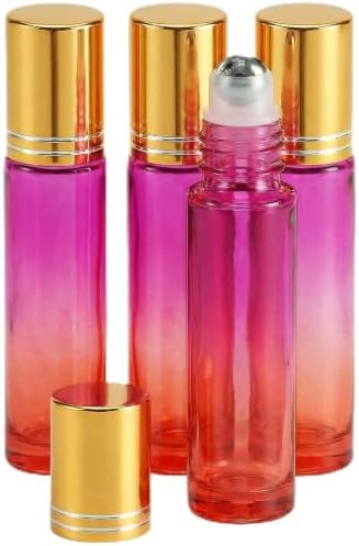 PrettyCare 4 Pack, 10 ml Essential Oil Roller Bottles with Stainless Steel Roller Ball - Refillable Leak-proof Empty Thick Red & Purple Glass Roll on Bottles with Golden Caps for Travel, Perfume by PrettyCare