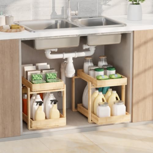 2 Pack Bamboo Under Sink Organizer, 2-Tier Pull Out Storage Drawers