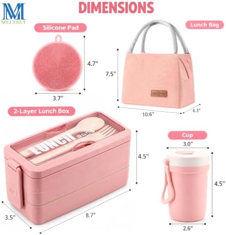 Bento Box Japanese Lunch Box Kit Leakproof Bento Lunch Box for Kids Adults Wheat Straw 3 Layer Stackable Lunch Containers with Compartment Eco-Friendly Meal Prep Containers (Pink)
