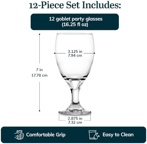 Classic Glass Goblets Set of 12, Stemmed Water & Tea Glasses