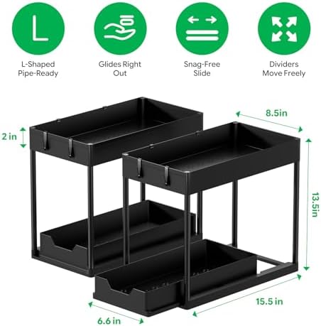 2 Pack 2-Tier Under Sink Organizers with Sliding Drawer, Black