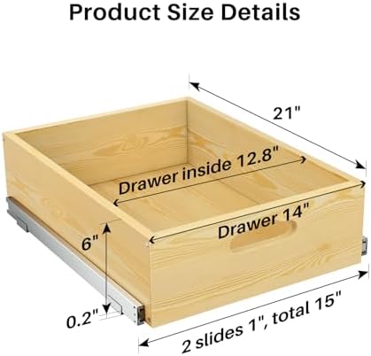 Pull Out Cabinet Organizer, Soft Close Slide Out Solid Wooden Drawers(15"W X 21"D x 6.2''H), Heavy Duty Full-extension Roll Out Shelves for Kitchen Cabinets,Pantry & Closet Organizers and Storage