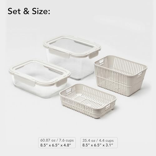 Glass Produce Storage Containers for Fridge, 2-Set – Airtight Fruit & Vegetable Containers with Removable Colanders, Flexible Silicone Lids,LeakProof, BPA-Free Borosilicate Glass