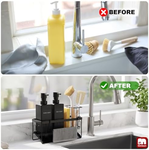 Dish Soap Dispenser, 12 fl oz / 350 ml Dual Kitchen Soap Dispensers with Sponge Holder, Customized Matte Black Kitchen Soap Dispenser Set, Modern Hand and Dish Soap Bottle Set Removable