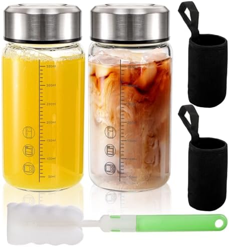 WRINGKIT 2 Pack Glass Juice Bottles with Lid, 12Oz Wide Mouth Shaker Bottle by WRINGKIT