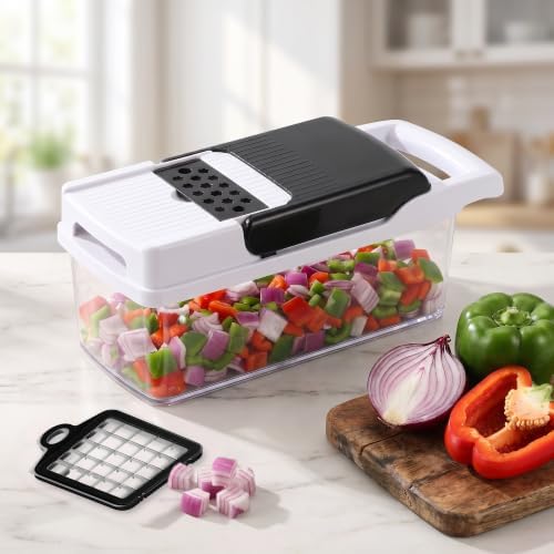 Vegetable Chopper 25-in-1 with Container, Onion Dicer, Mandoline Slicer, Veggie Food Chopper Cutter and Spiralizer with Stainless Steel Blades, Drain Basket, Hand Guard and Cut Resistant Glove